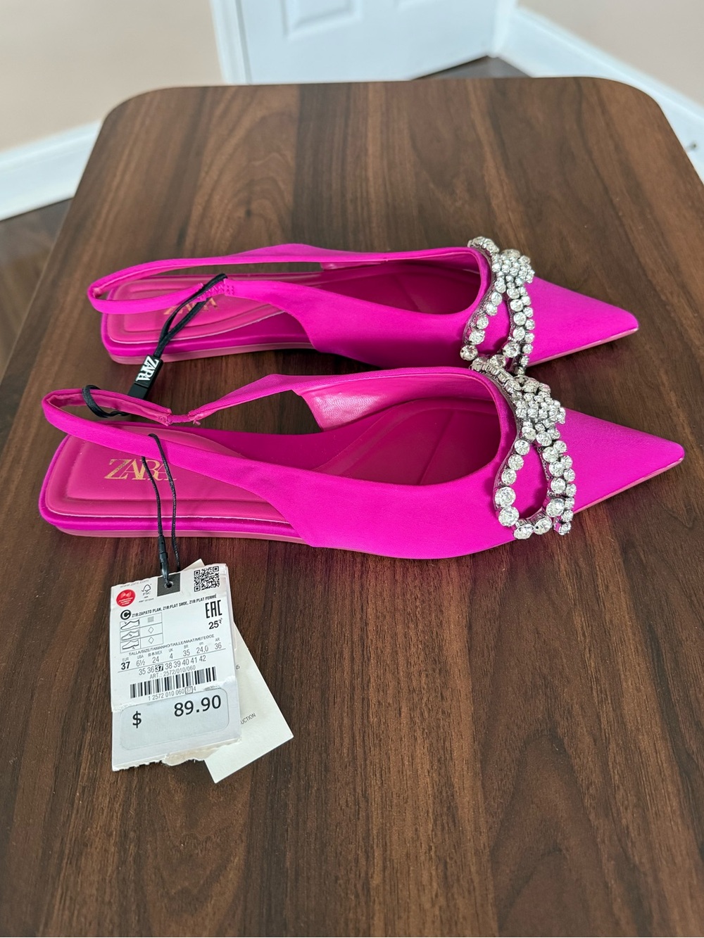 Zara flats pointed toe rhinestones sling back fuchsia size 6.5 NWT - Picture 6 of 8